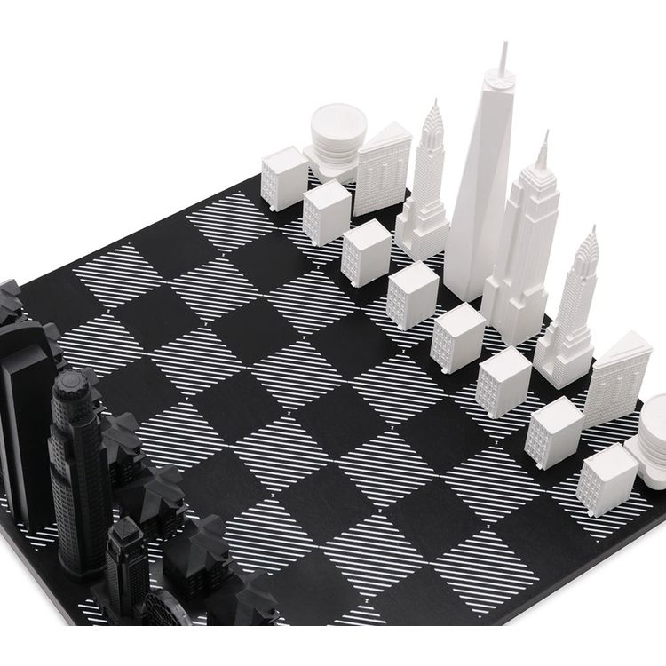 New York Versus Los Angeles Acrylic Chess Set with Black and White Wood Hatch Board - FAO Schwarz