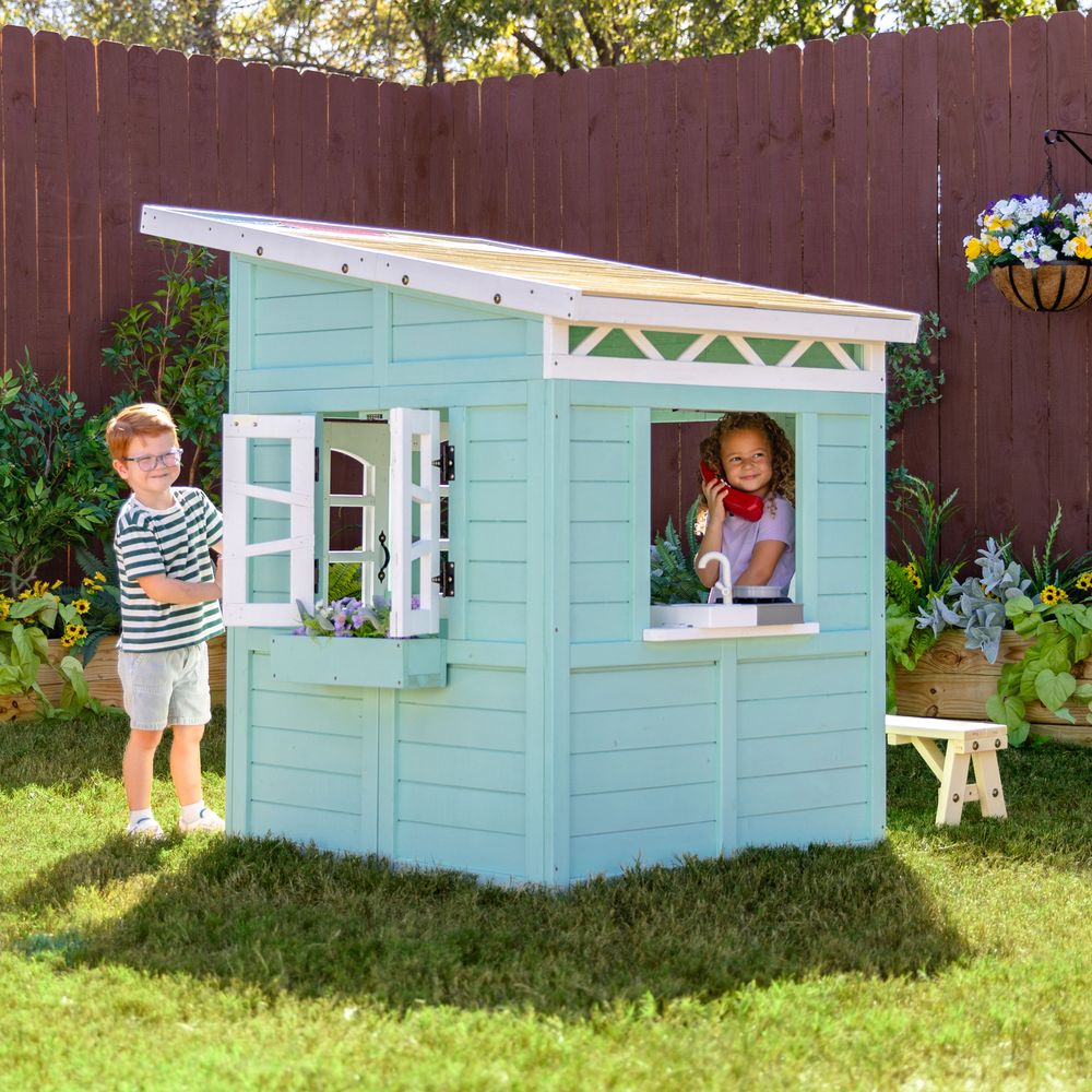 Rainbow Shade Wooden Playhouse with Kitchen, Flower Box & Bench - FAO Schwarz