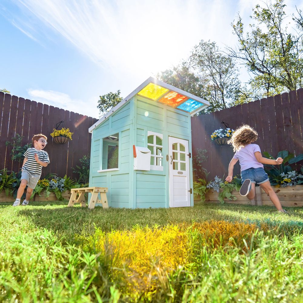 Rainbow Shade Wooden Playhouse with Kitchen, Flower Box & Bench - FAO Schwarz