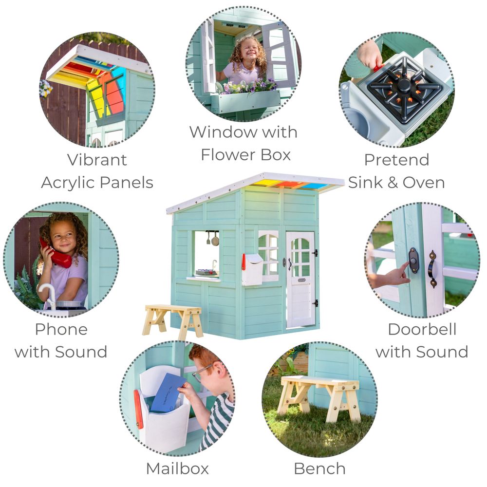 Rainbow Shade Wooden Playhouse with Kitchen, Flower Box & Bench - FAO Schwarz