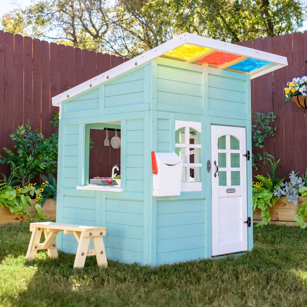Rainbow Shade Wooden Playhouse with Kitchen, Flower Box & Bench - FAO Schwarz