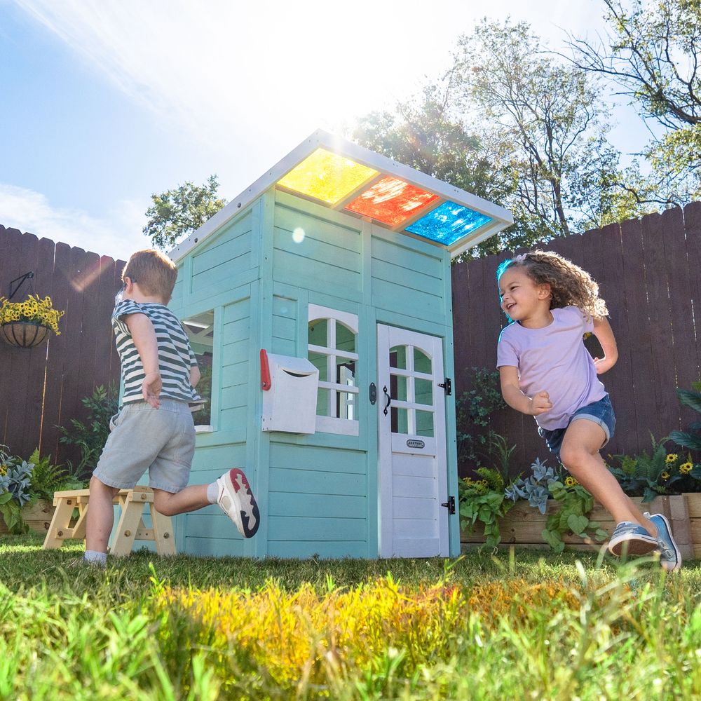 Rainbow Shade Wooden Playhouse with Kitchen, Flower Box & Bench - FAO Schwarz